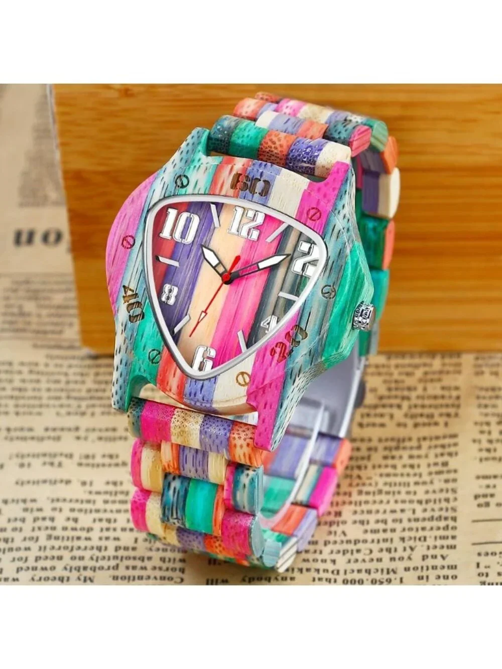 Men's Multi Color Analog Quartz Handmade Colorful Bamboo Triangle Wooden Watch